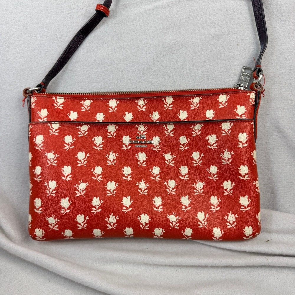 Coach East West Red Floral Rose Print Leather Crossbody Bag Silver Hardware
